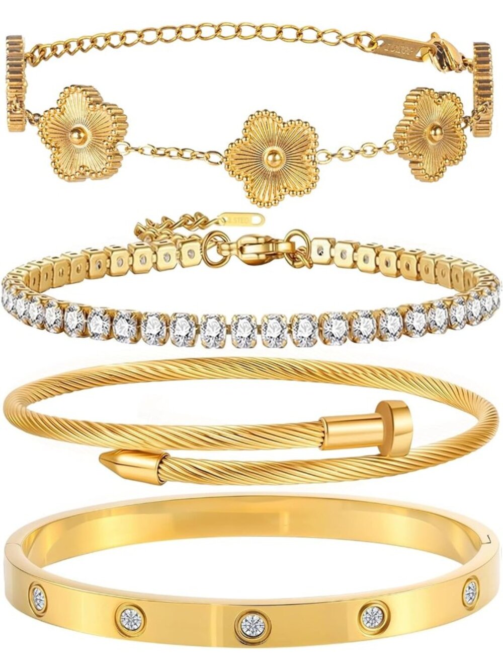18K Gold Plated Stackable Bangle Bracelet Set - Adjustable Floral Tennis Jewelry